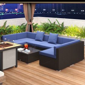 7-Piece Rattan Couch, Outdoor Patio Furniture Set, With Removable Cushions And Ottoman, Glass Coffee Table- Dark Coffee Blue (Color: Blue) 7-Piece Rattan Couch, Outdoor Patio Furniture Set, With Removable Cushions And Ottoman, Glass Coffee Table- Dark Coffee Blue (Color: Blue)